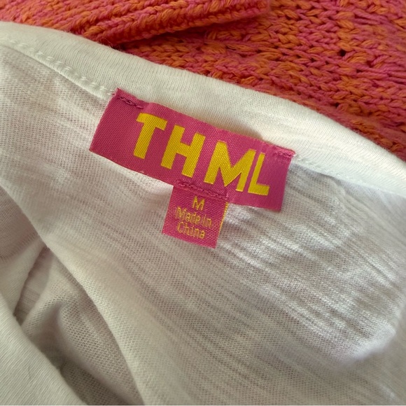 THML White Flutter Sleeve Top with Green Floral Blue Stripe and Pink Accents M - Picture 5 of 6